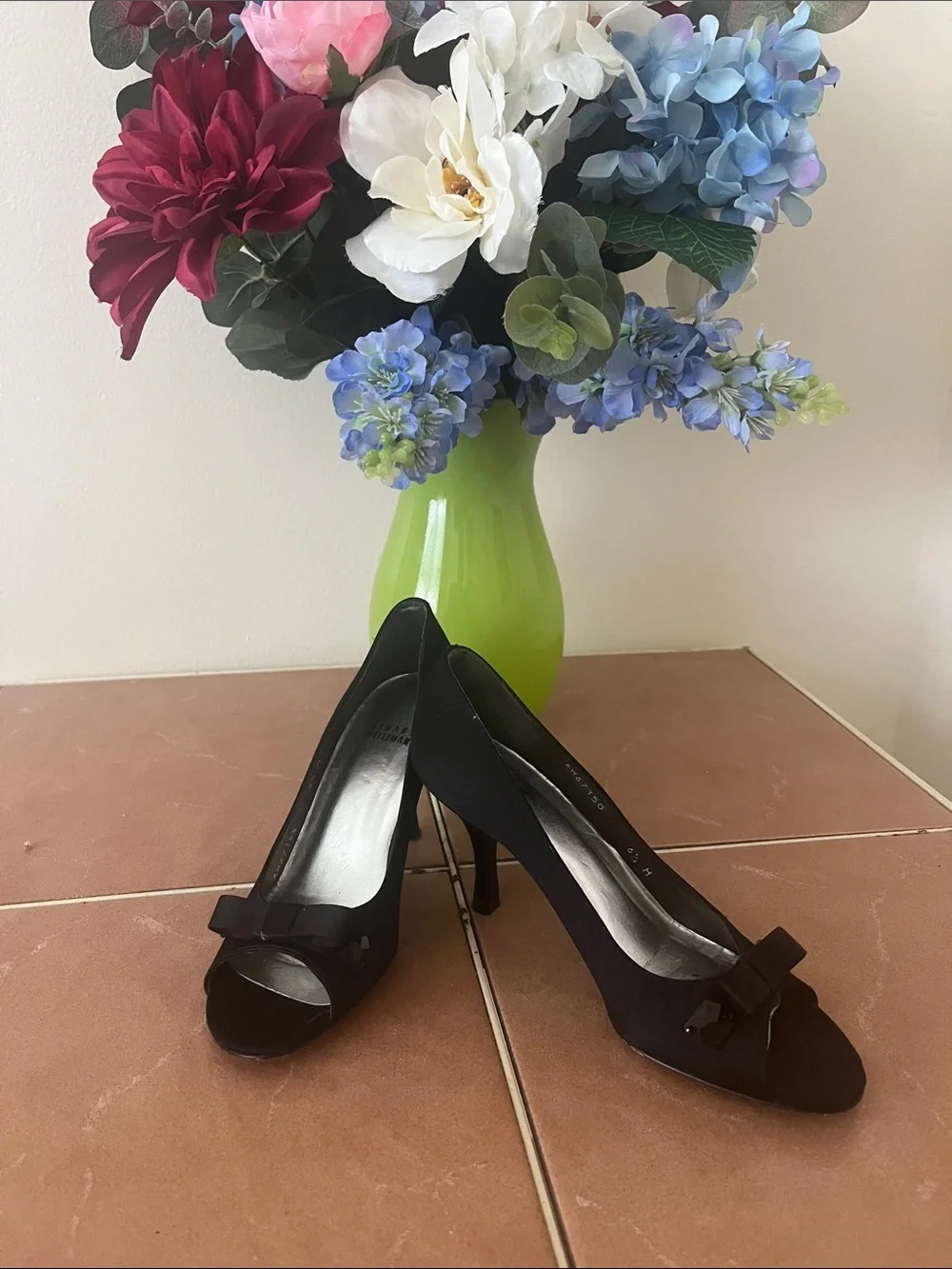 Stuart Weitzman Black Peep-Toe Heels with Bow Accent